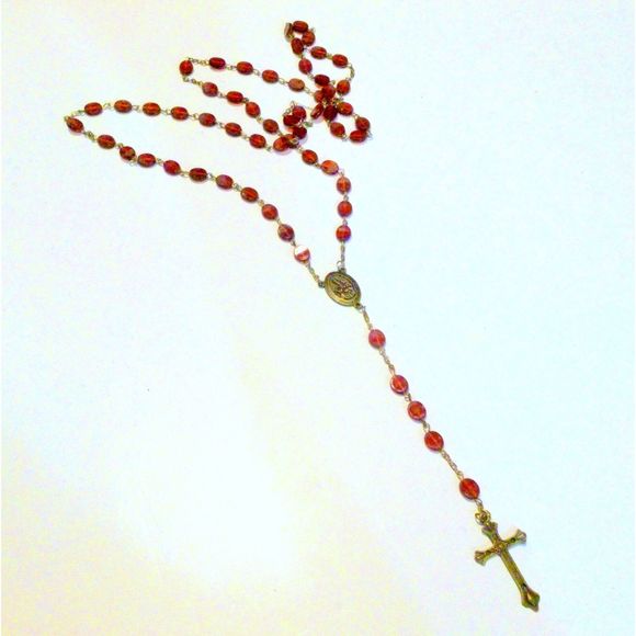 Vintage Red Bead and Brass Tone Saint Therese Rosary - Picture 2 of 5